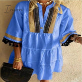 Ingvn - Fashion Tassel Sleeve Women Dress V Neck Lady Patchwork Dress Loose Casual Empire Knee Length Tassel Sleeve Dress