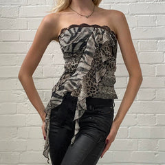 Goth Leopard Print Corset Top Ruffles Patchwork Strapless Skinny Tube Tops Harajuku y2k Cropped Top Women Streetwear Tees