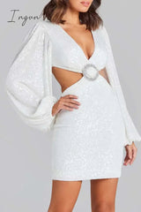 Ingvn - Sexy Solid Sequins Sequined V Neck Wrapped Skirt Dresses