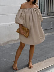 Ingvn Sexy Slash Neck Off Shoulder Khaki Short Dress High Street Fashion Casual Woman Clothing Summer Puff Sleeve Solid Party Dresses