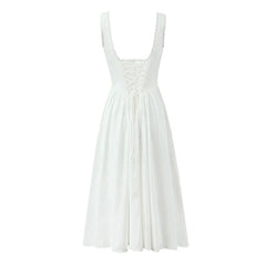 Elegant Women Sexy Backless O Neck White Tank Dress Pleated Swing Hem A-line Midi Summer Dress Lace Up Sundress Holiday