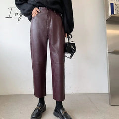 Ingvn - Burgundy Leather Pants Women Wide Leg Trousers Korean Style Y2k Fashion Loose Pants High Waisted Black Pu Baggy Pants