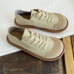 New Women's Shoes Flat Bottom Round Toe Flat Shoes Casual Lace Up Ladies Sneakers Mixed Color Soft Sole Beige Vulcanized Shoes