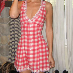European And American Retro Sexy V Neck Red Plaid Dress Women Floral Embroidery Sleeveless A-line Mini Summer Dresses