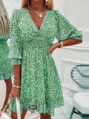 Floral Print Shirred Waist Dress, Casual V Neck Dress For Spring & Summer, Women's Clothing