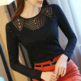 Ingvn - Autumn and Winter Plus Velvet Lace Bottoming Shirt Women's Long Sleeve Hollow Korean Round Neck Slim Warm Mesh Shirt