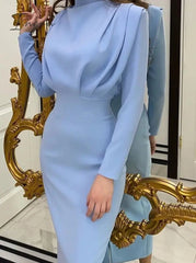 Ingvn - Elegant Women Dress Stand Collar Slim Waist Solid Blue Ankle Length Autumn Long Sleeve Casual Party Dress Fashion