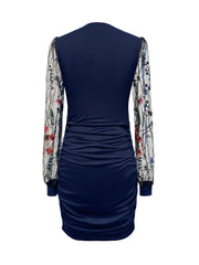 Floral Pattern Bodycon Dress - Stunning Contrast Mesh, Elegant Long Sleeves, Surplice Neck, Ruched Detailing - Perfect for Womens Formal Occasions and Everyday Wear