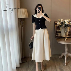 Ingvn - Summer Elegant Women Skirt Sets Retro Office Lady Outifits Puff Sleeve Black Top A Line Skirts Korean Fashion Sweet Hepburn Suit