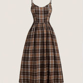 Elegant, Comfortable Vintage-Inspired Plaid Midi Dress with Spaghetti Straps - Polyester, Machine Washable, Non-Sheer