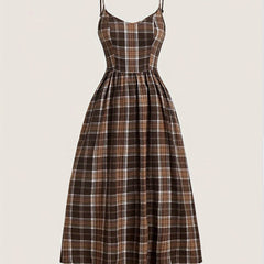 Elegant, Comfortable Vintage-Inspired Plaid Midi Dress with Spaghetti Straps - Polyester, Machine Washable, Non-Sheer