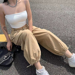 Khaki Oversized Cargo Baggy Pants Y2K Hip Hop Style Loosed Adjustable Waist Drawstring Long Pant Streetwear 90s Style Clothes