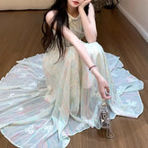 New 2025 Jasmine Green 2.0 Summer Fairy Sweet Slimming Waist Long Dress Design Sense Skirt Polyester Fiber round Neckline Ankle-