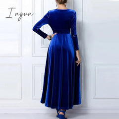 Ingvn - Gold Velvet Maxi Dress V-neck Maxi Dress