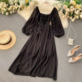 Ingvn - Woherb Chic Elegant Square Collar Maxi Dress Women Solid Chiffon Puff Sleeve Dresses Korean Fashion Vintage Ruffle Vestidos