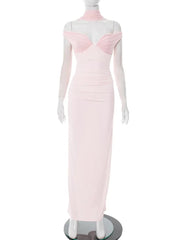 Elegant Off-shoulder Backless Sexy Maxi Dress Women Gown Fashion Scarf Collar Sleeveless Bodycon Club Party Long Dress