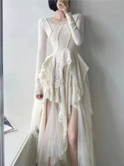 French Elegant Women's Vintage Dress Autumn Winter New Irregular Lace Splicing Evening Long Bridesmaid Party Dress