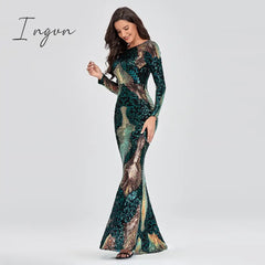 Ingvn - Hot Sale O-neck Long-Sleeve Shinning Sequins Evening Dresses Sexy Backless Mermaid Party Gowns Maxi Elegant Multi Female Robes vestidos