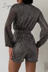 Ingvn- Solid Bandage Sequins V Neck Loose Rompers