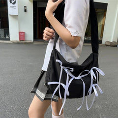 Ingvn Sweet Preppy Style Nylon Color Contrast Color Bow Shoulder Bag Large Capacity Lightweight Women Crossbody Pretty Tote Bag