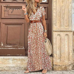 Ingvn - Fashion Boho Dress Long Dress Women Casual V Neck Short Sleeve Retro Print Belt Hem Beach Dresses Elegant Sundress Robe Femme
