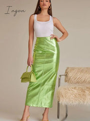 Ingvn - PU Leather Green Split Skirt for Women High Waist Hip Package Pathwork Bodycon Maxiskirt Sexy Female Prom Skirt New in 2023
