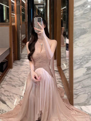 Elegant Wedding Evening Party Midi Dresses for Women Summer New Spliced Mesh French Sexy Sleeveless Pink Female Clothing