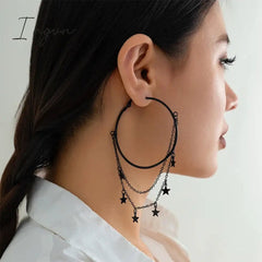 Punk Gothic Black Five-pointed Star Tassel Hoop Earrings for Women Niche Design Party Jewelry Cosplay Gifts