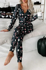 Ingvn - Casual Skull Printing V Neck Long Sleeve Two Pieces