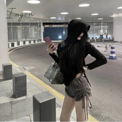 Ingvn - Hooded Shirt Side Split Sexy Blouse Women Long Sleeve Autumn Women Button Up Shirt Solid Color Basic Tee Shirt Loose Casual