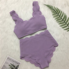 Voguable New Women Swimsuit Scalloped High Waist Bikini Set Solid Two Pieces Plus Size Swimwear Biquini Tankini