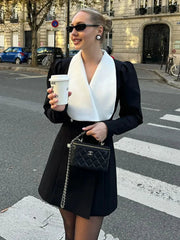 Contrast Color Lapel Suit Dress Elegant Office Woman Outfits Pleatd Splice High Waist Mini Dress Double Breasted Fashion