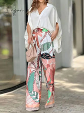 Ingvn - Women's Shirt Pants Sets White Floral Drawstring Print Long Sleeve Casual Daily Fashion V Neck Regular Fit Spring & Fall