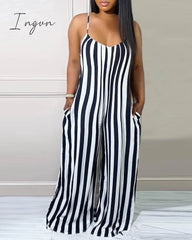 Ingvn - Women's striped printed spaghetti straps wide leg pockets jumpsuit women's sleeveless spring/summer high waisted loose pants jum