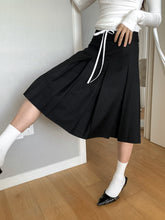 Casual Korean Contrast Color Drawstring Skirt Women's Autumn Mid-Length A-Line High Waist Slim Pleated Skirt Women
