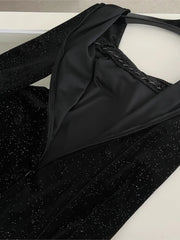 Autumn Winter Sequins Womens Dresses Velvet Mesh Patchwork Square Collar Flare Sleeves Birthday Party Dress A-Line Vestidos Robe
