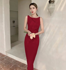 Elegant Evening Party Bodycon Midi Dress for Women Summer New Vintage Fashion Sleeveless Spaghetti Strap Casual Female Clothing