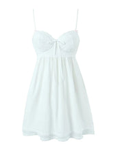 Summer Women Embroidery Spliced Bow White Sling Dress Sexy Sleeveless Back Lacing Up Ladies Holiday Party Mini Robe