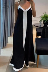 Ingvn - Sexy Color Block Contrast V Neck Sling Dress Dresses