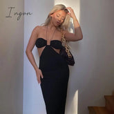 Ingvn - Women Summer Dress Wrap Hollow Out Backless Halter Backless Beach Dresses Maxi Long Vestidos