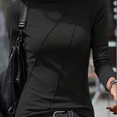 High Neck Slim Fit Polyester Turtleneck Top - Soft, Stretchy, and Breathable for All Seasons - Machine Washable, Casual Long Sleeve Shirt for Women