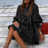 Ingvn - Women Autumn Spring Vintage Mini Cupcake Dress V Neck Long Lantern Sleeve Back With Ruffles Korean Style Elegant Red Dress