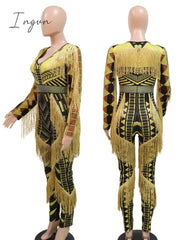 Ingvn - Womens Sexy Bodycon Jumpsuit Vintage Printed Long Sleeve One Piece Outfits with Tassels Rhinestone Yellow Black Romper Clubwear