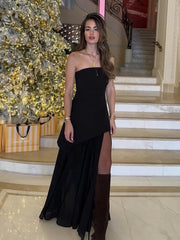 2025 Summer Women Fashion Strapless Dress With Ribbon Patchwork Elegant Sleeveless Mesh Split Dress Vacation Beach Long Dresses