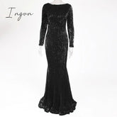 Ingvn - Elegant O Neck Long Sleeve Sequin Maxi Dress Floor Length Stretchy Bodycon Party Dress Gold Green Burgundy Black