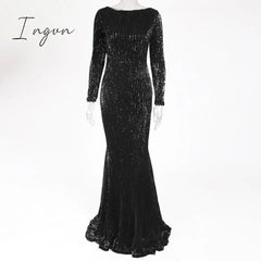 Ingvn - Elegant O Neck Long Sleeve Sequin Maxi Dress Floor Length Stretchy Bodycon Party Dress Gold Green Burgundy Black