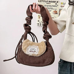 Ingvn Vintage Shoulder Bag for Women Pleated Cute Casual Plush Fashion Handbag Autumn and Winter Designer Female Aesthetic Bag