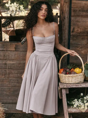 Ingvn - Elegant Women Dress Spaghetti Strap A-line Loose Midi Dresses Female Sleeveless Backless French Retro Long Dress