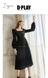 Ingvn - Black Retro Split Dress Women Elegant Midi Designer Dress Female Long Sleeve Hepburn Style Chiffon Vintage Dress Fall Women