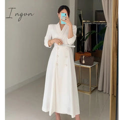 Ingvn - New French Spring Elegant Double Breasted Belted Sashes Women Suit Dress Autumn Office Long Sleeve Slim Waist Female Dress